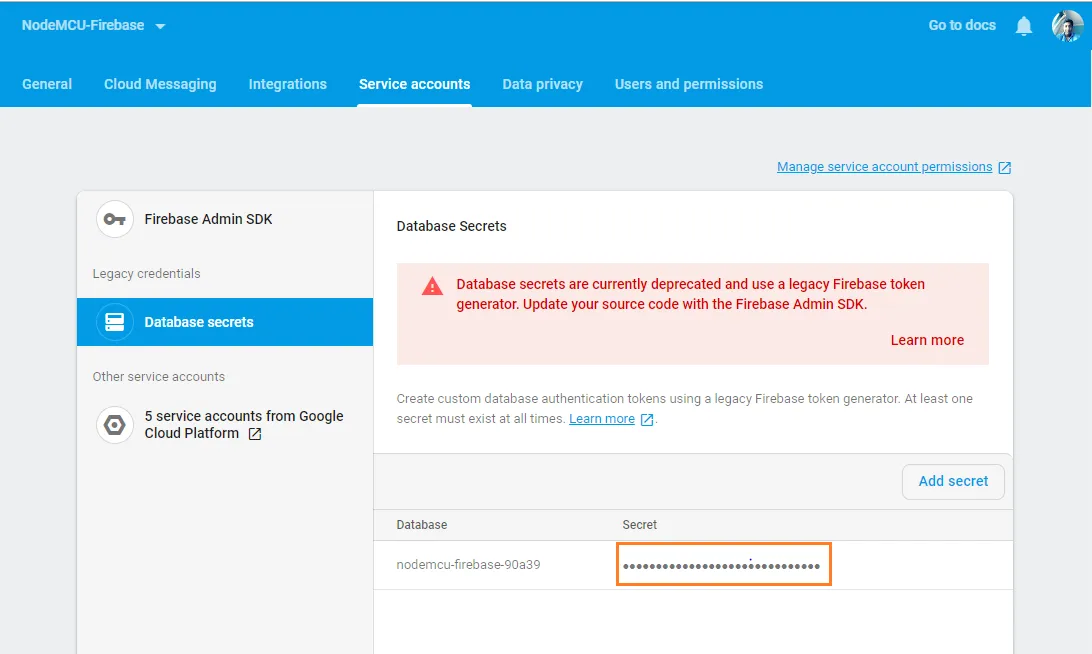 Firebase database secret