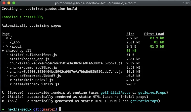 Nextjs + Redux build output