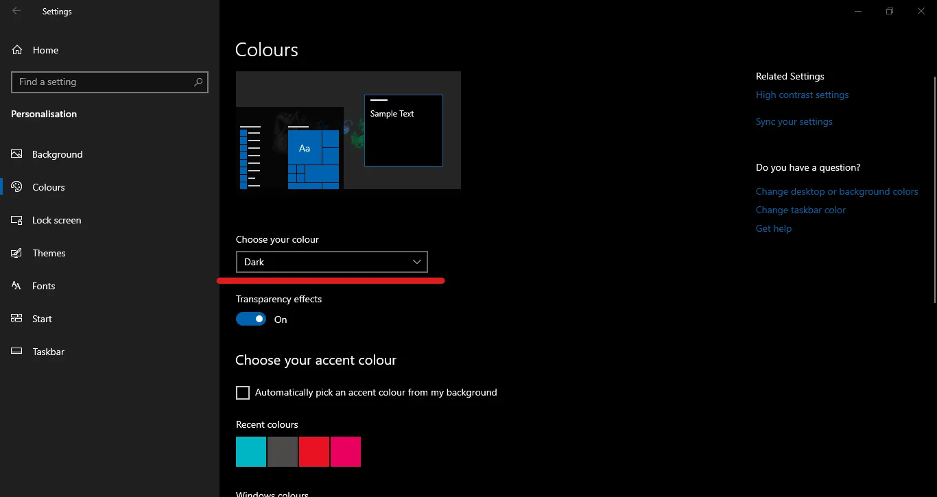 windows 10 dark mode