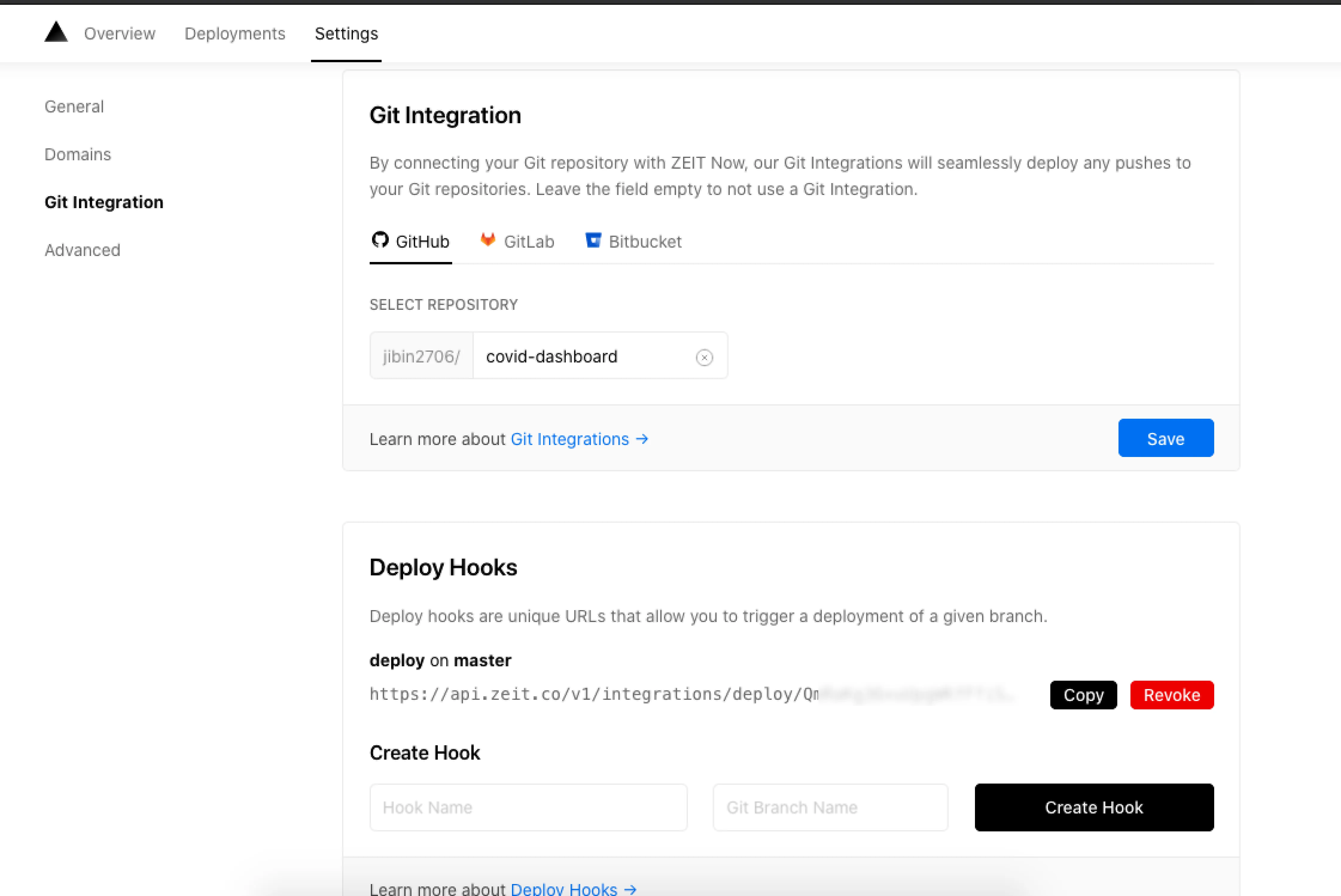Creating webhook from Zeit’s Dashboard